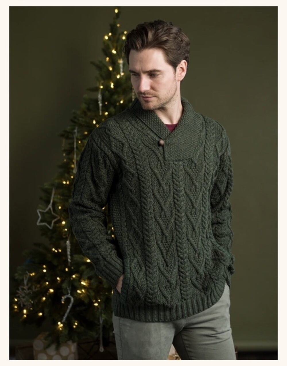 Aran Sweater Market Shaw‎l Collar Sweater One Button Fisherman Merino Wool Sz M